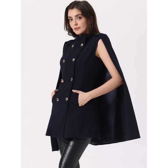 Cape Coats Winter Slit Sleeve Double Breasted Cloak Coat Dark Blue - Picture 4 of 6